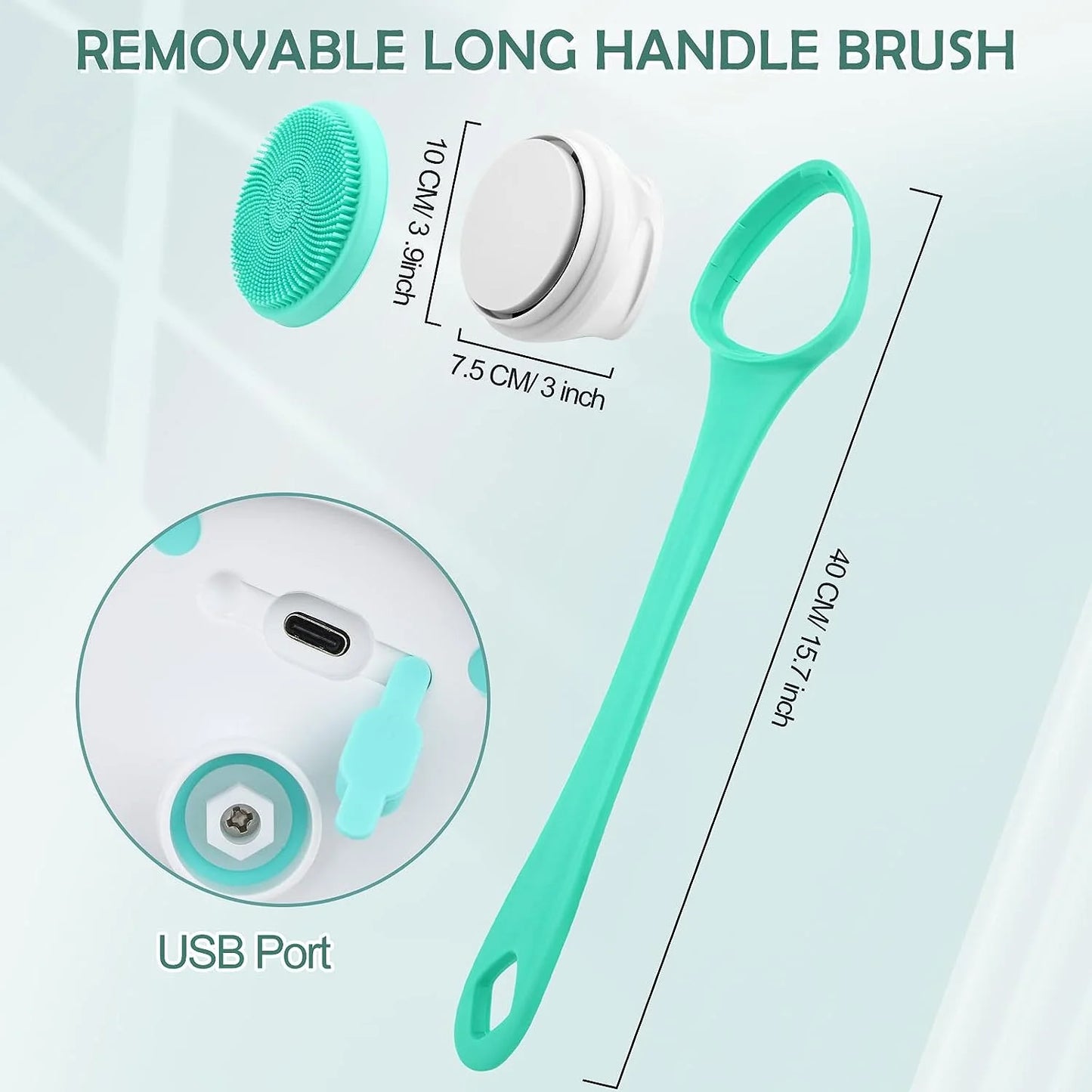 Electric Bath Brush, Rechargeable Back Brush Long Handle for Shower with 5 Spin Shower Facial Brush Head Waterproof Silicone Body Scrubber Exfoliating Deep Cleansing Brush for Women Men