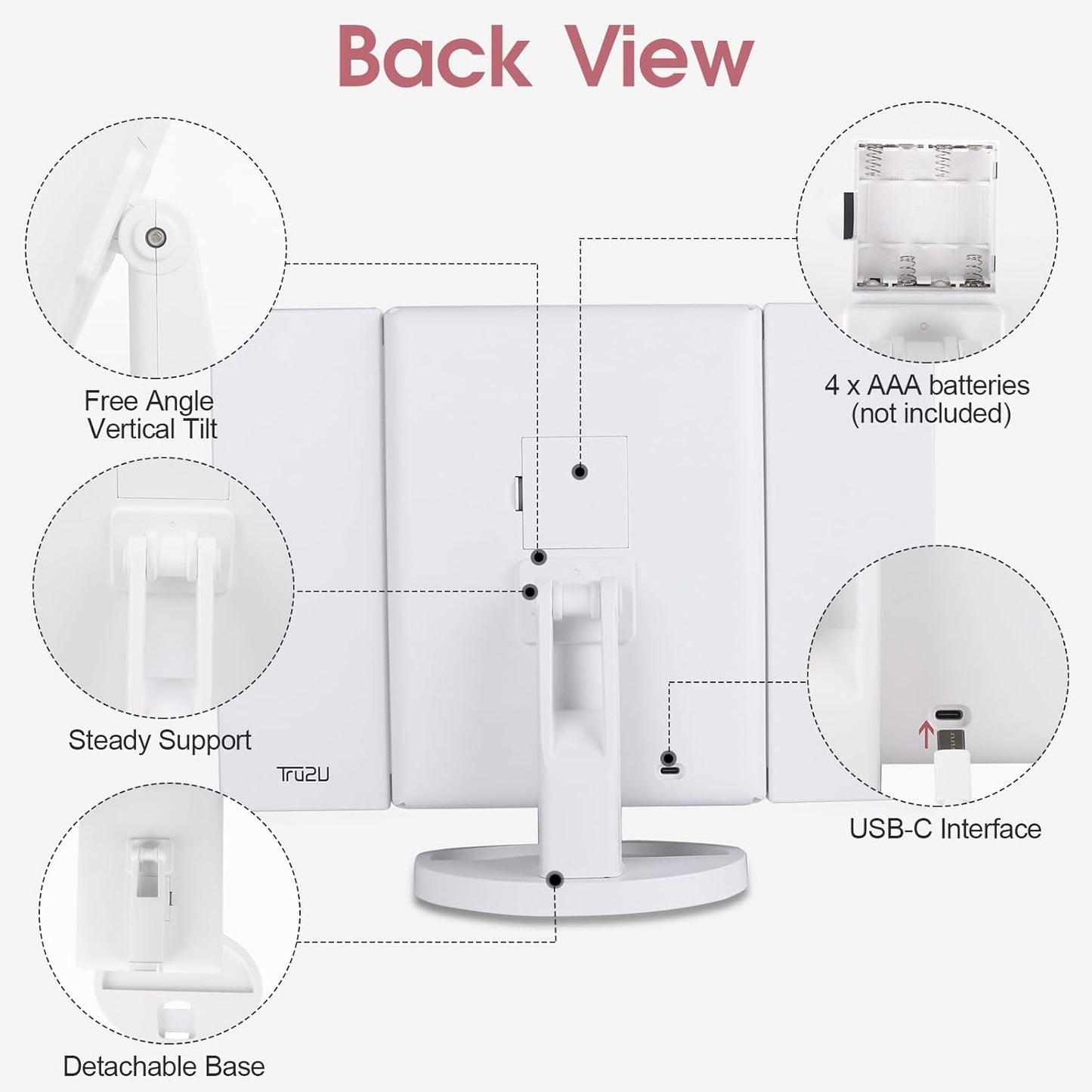 Vanity Makeup Mirror with Lights and Magnification, 3 Way Mirror, Trifold Portable Mirror, 1X 2X 3X Magnification, Two Power Supply, Espejo Con Luz Para Maquillaje (White)