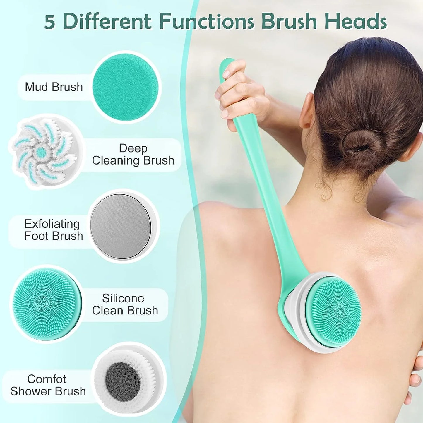 Electric Bath Brush, Rechargeable Back Brush Long Handle for Shower with 5 Spin Shower Facial Brush Head Waterproof Silicone Body Scrubber Exfoliating Deep Cleansing Brush for Women Men