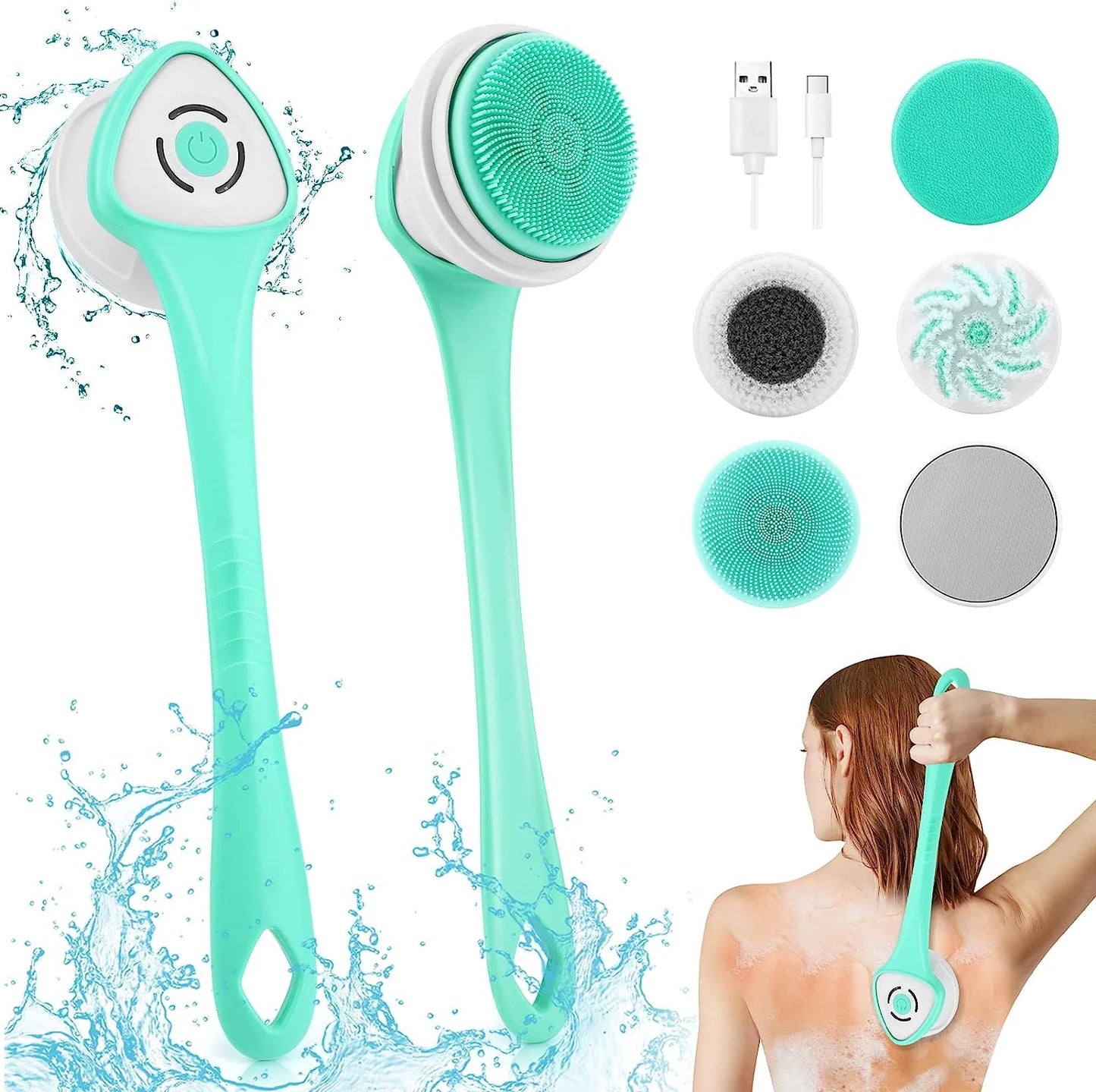 Electric Bath Brush, Rechargeable Back Brush Long Handle for Shower with 5 Spin Shower Facial Brush Head Waterproof Silicone Body Scrubber Exfoliating Deep Cleansing Brush for Women Men