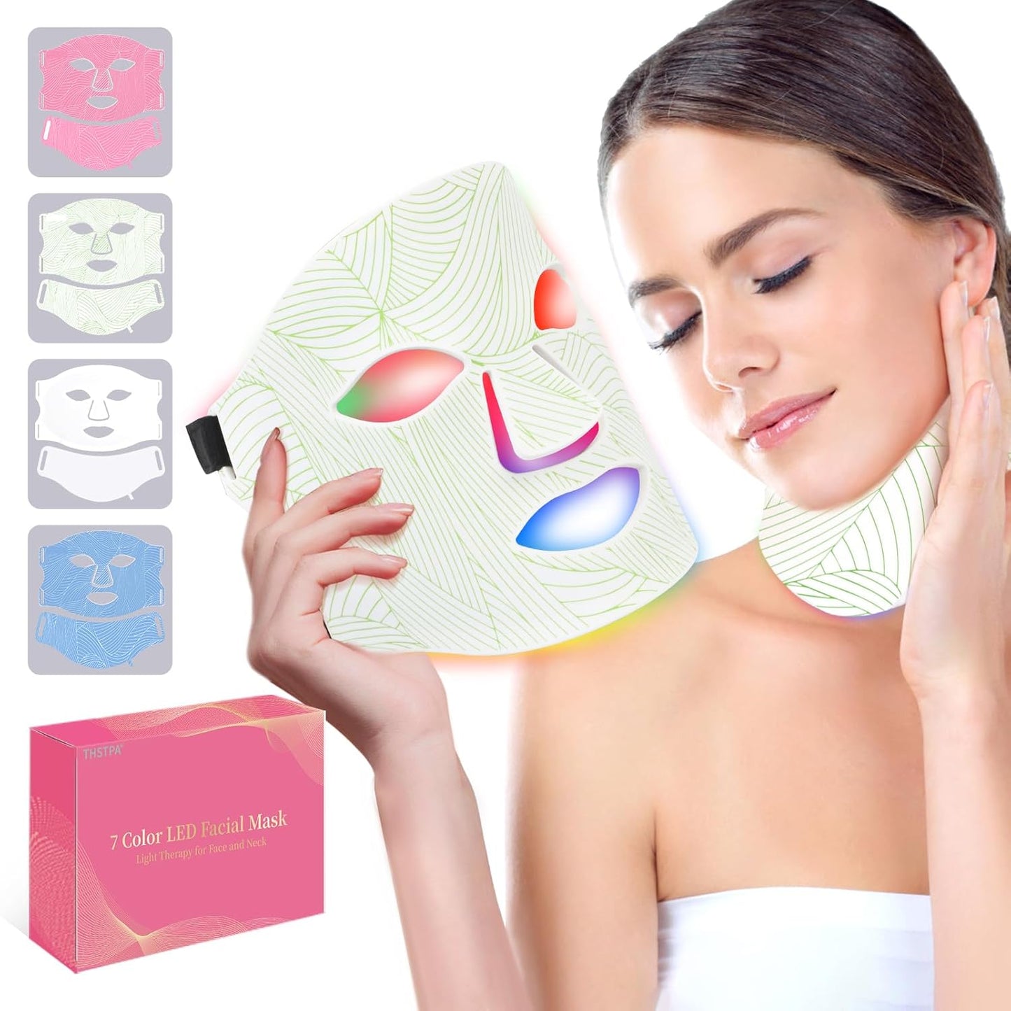 Led Face Mask Light Therapy,Red Light Therapy for Face and Neck,7 Colors LED Facial Skin Care Mask,5 Level Brightness Adjustment,309 LED Beads Can Be Used at Home,White Green