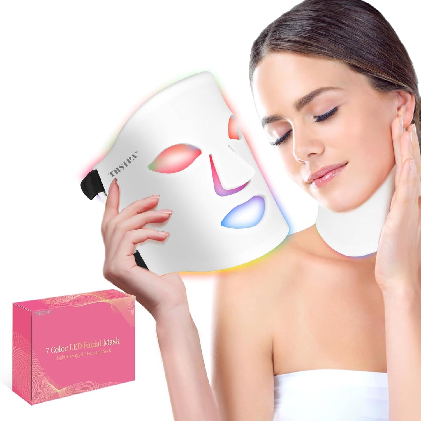Led Face Mask Light Therapy,Red Light Therapy for Face and Neck,7 Colors LED Facial Skin Care Mask,5 Level Brightness Adjustment,309 LED Beads Can Be Used at Home,White Green