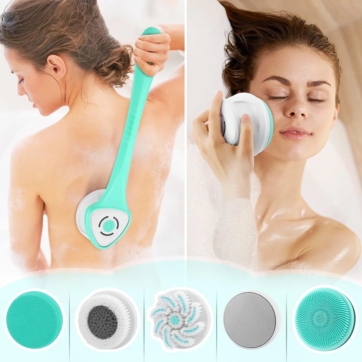 Electric Bath Brush, Rechargeable Back Brush Long Handle for Shower with 5 Spin Shower Facial Brush Head Waterproof Silicone Body Scrubber Exfoliating Deep Cleansing Brush for Women Men