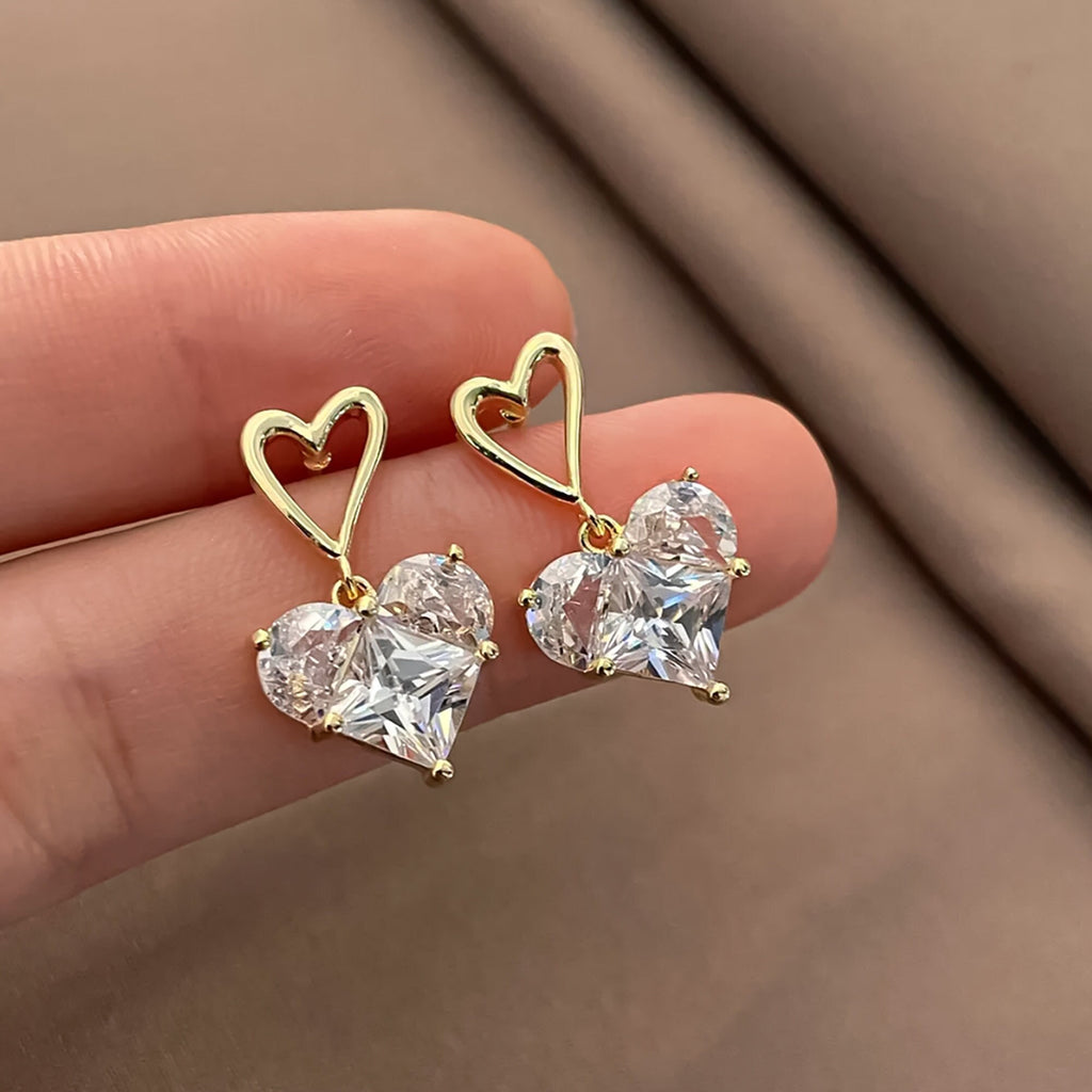 Gold Plated Cubic Zirconia Heart Drop Earrings