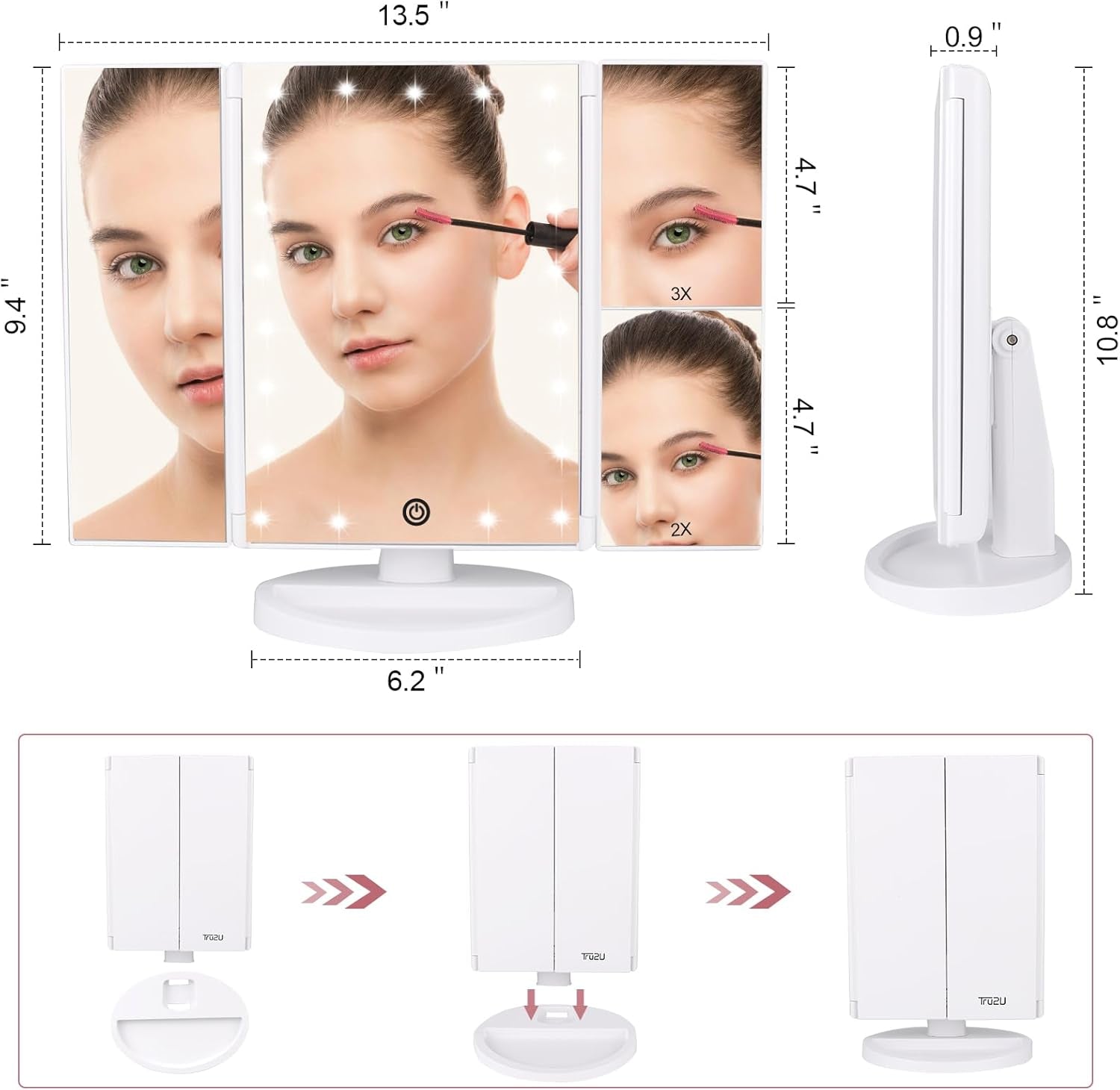 Vanity Makeup Mirror with Lights and Magnification, 3 Way Mirror, Trifold Portable Mirror, 1X 2X 3X Magnification, Two Power Supply, Espejo Con Luz Para Maquillaje (White)