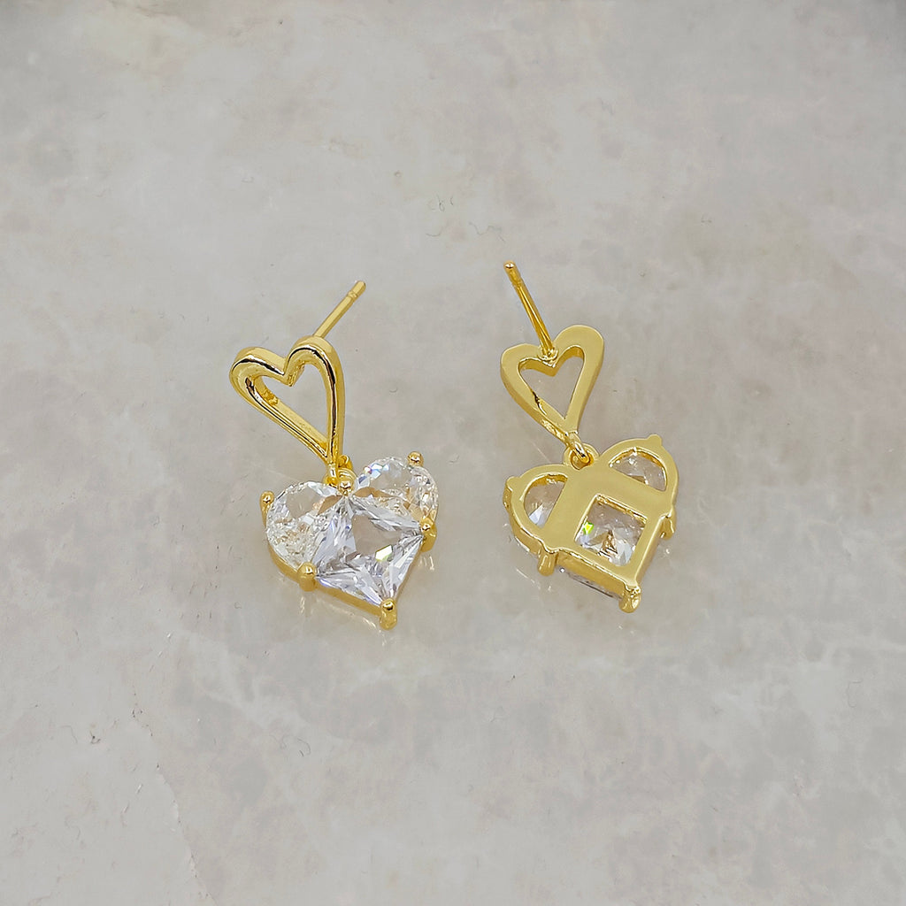 Gold Plated Cubic Zirconia Heart Drop Earrings