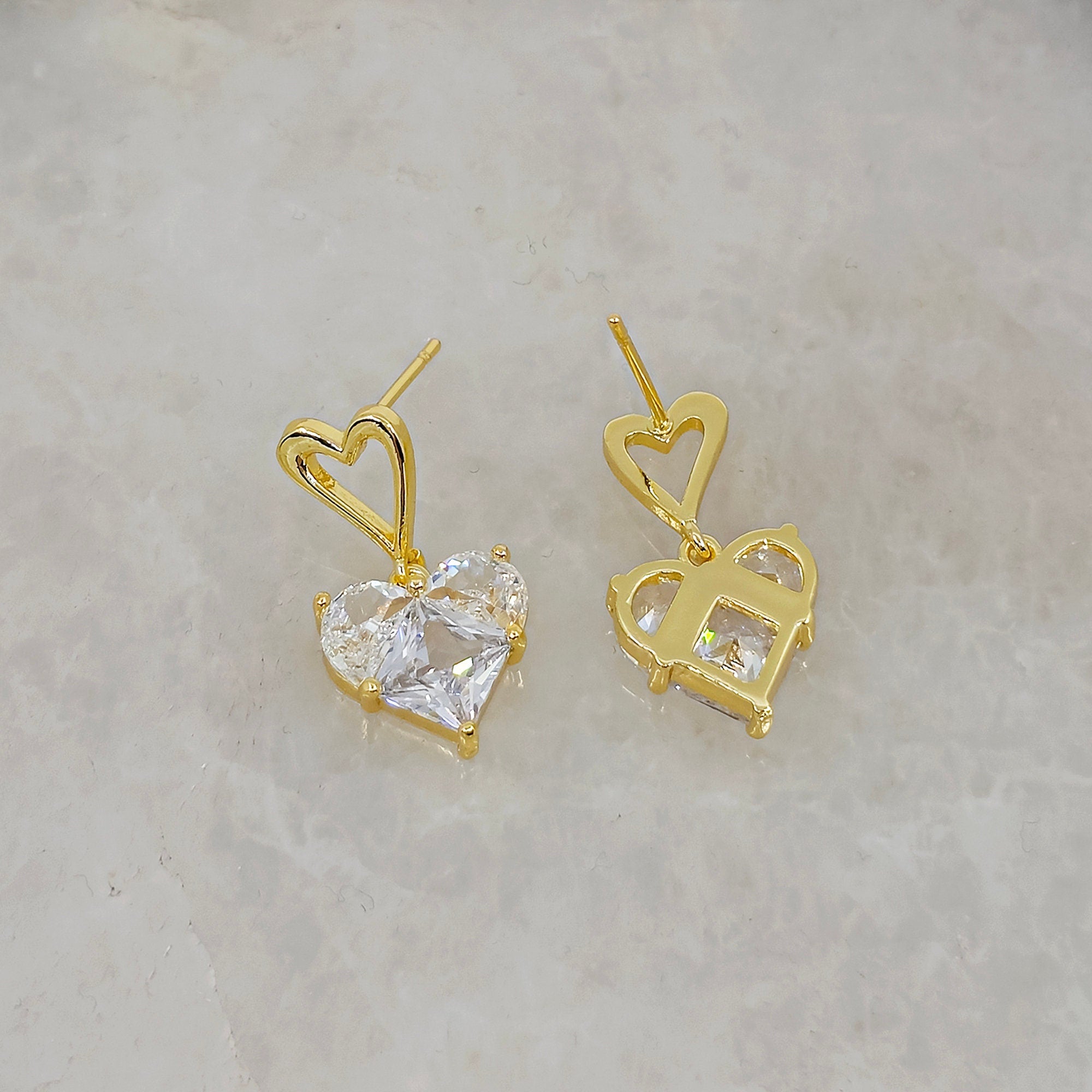 Gold Plated Cubic Zirconia Heart Drop Earrings