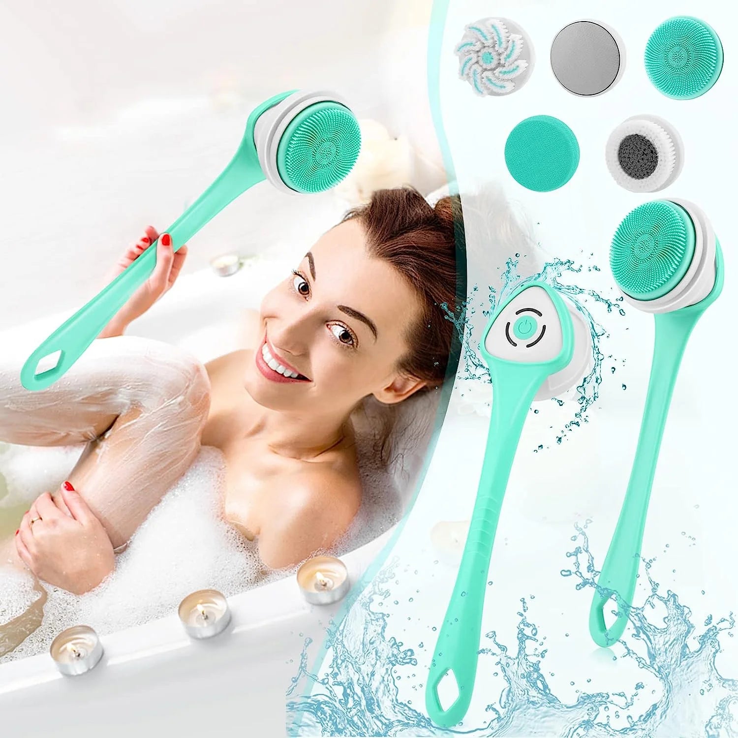 Electric Bath Brush, Rechargeable Back Brush Long Handle for Shower with 5 Spin Shower Facial Brush Head Waterproof Silicone Body Scrubber Exfoliating Deep Cleansing Brush for Women Men