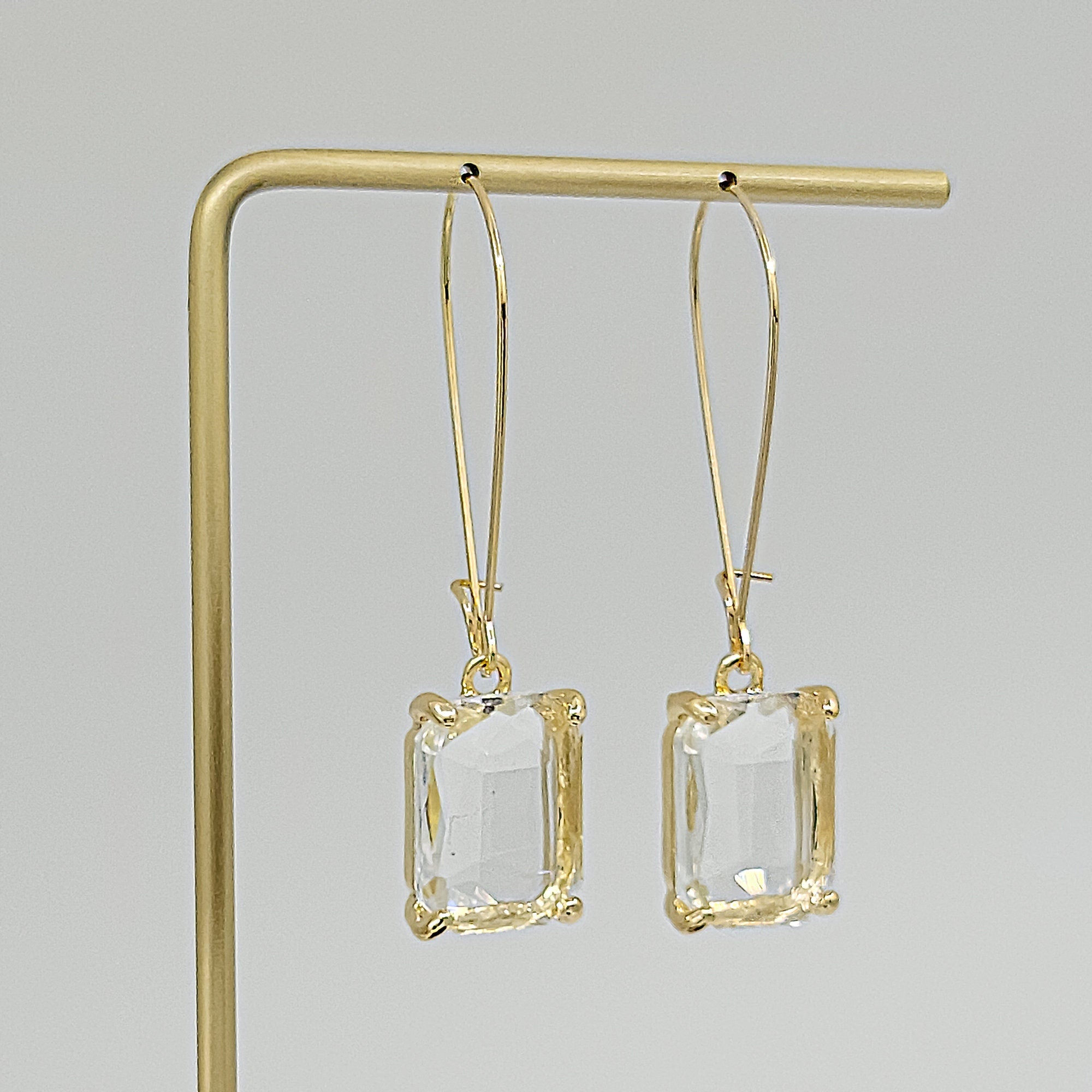 Gold Plated Cushion Cut Rectangular Drop Earrings
