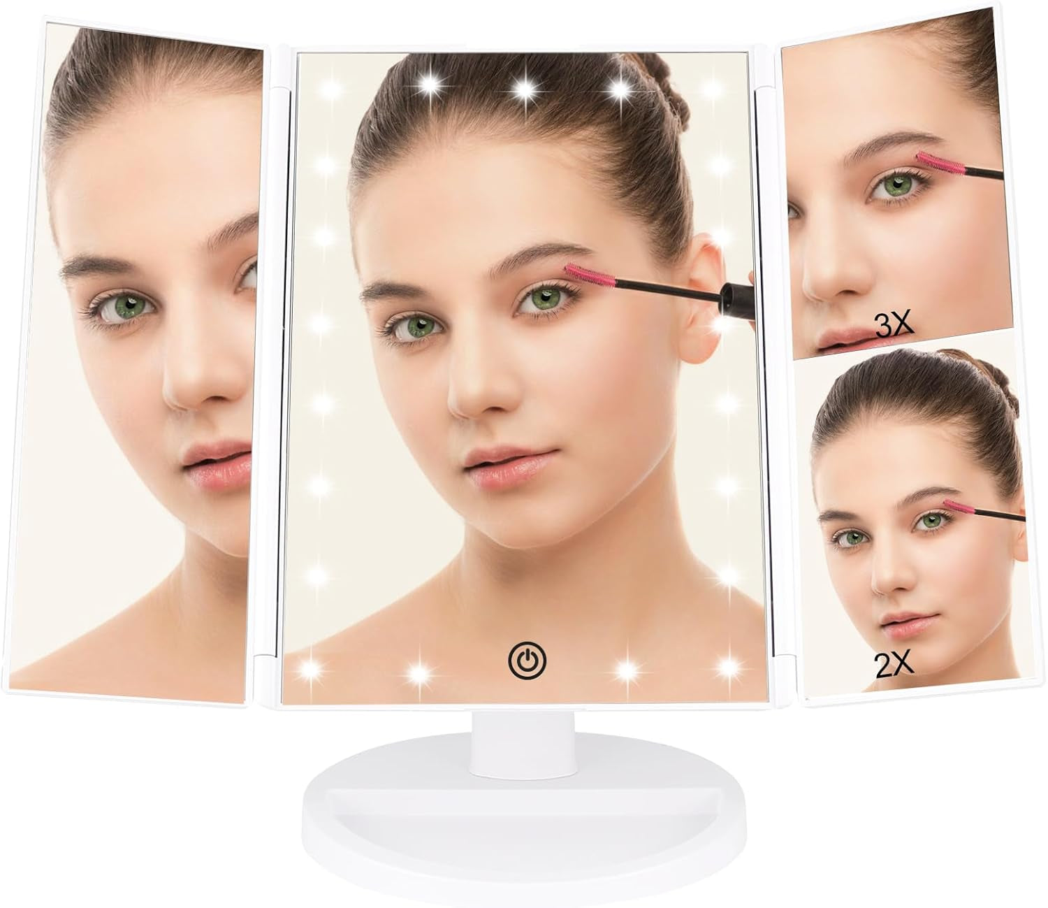 Vanity Makeup Mirror with Lights and Magnification, 3 Way Mirror, Trifold Portable Mirror, 1X 2X 3X Magnification, Two Power Supply, Espejo Con Luz Para Maquillaje (White)