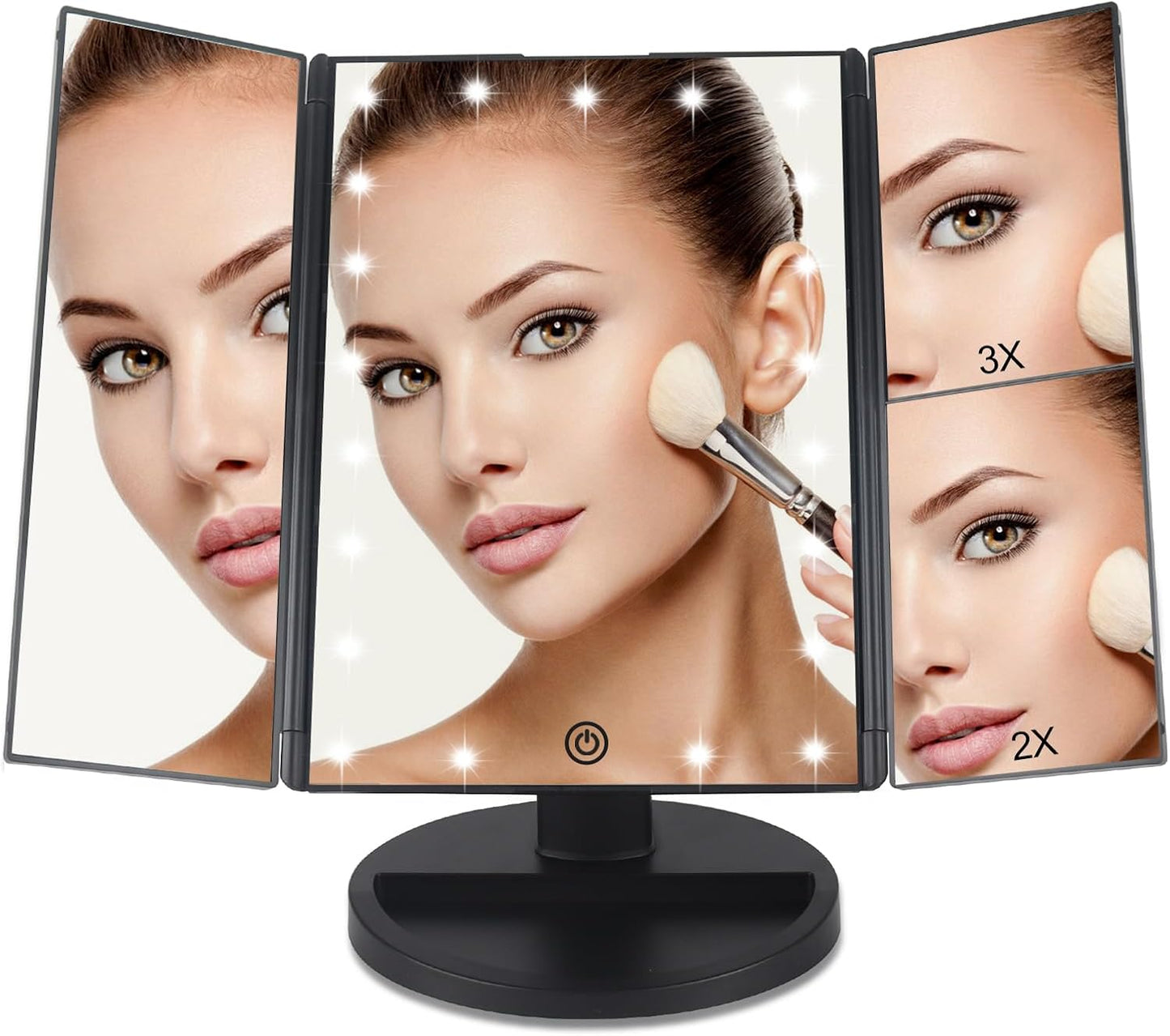 Vanity Makeup Mirror with Lights and Magnification, 3 Way Mirror, Trifold Portable Mirror, 1X 2X 3X Magnification, Two Power Supply, Espejo Con Luz Para Maquillaje (White)
