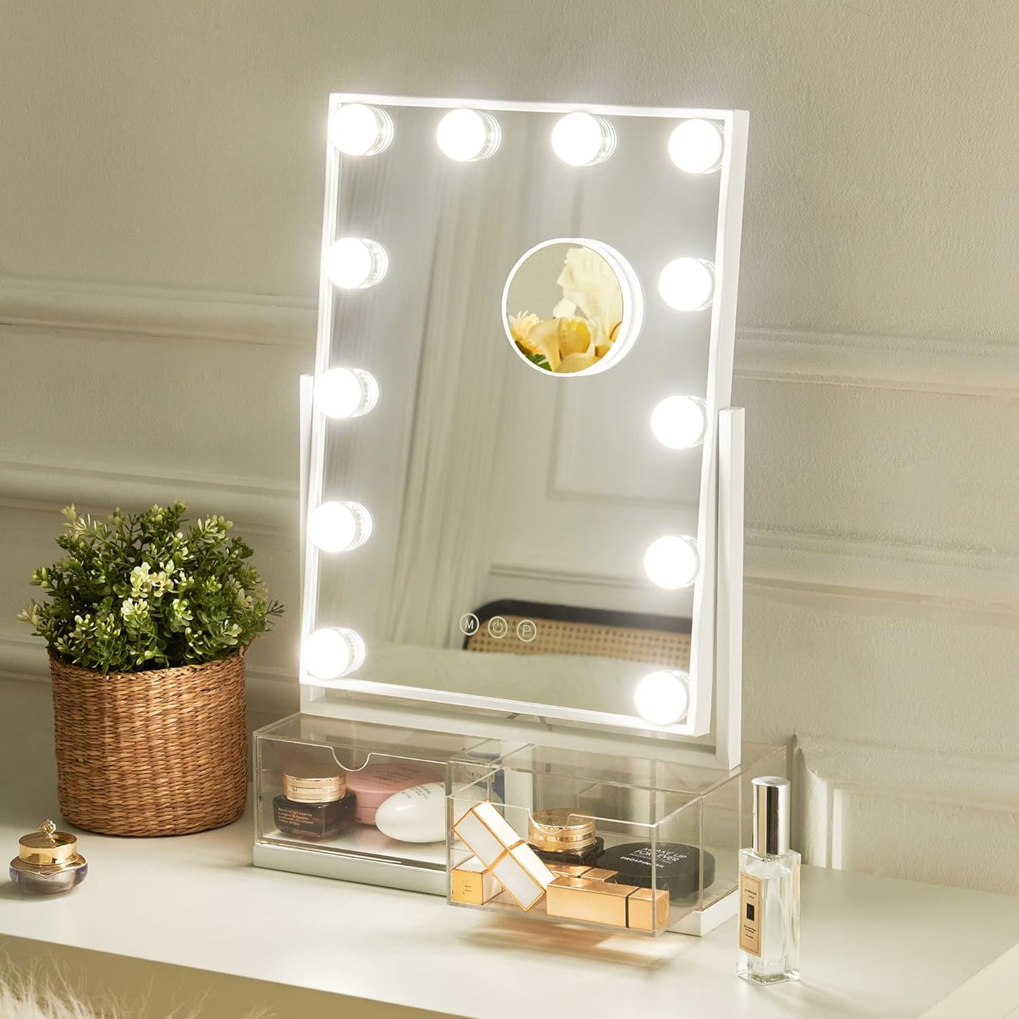 Makeup Vanity Mirror with Lights, Hollywood Makeup Mirror with Dimmable 12 LED Lights, Smart Touch with 3 Colors Adjustment and Rotation-Free
