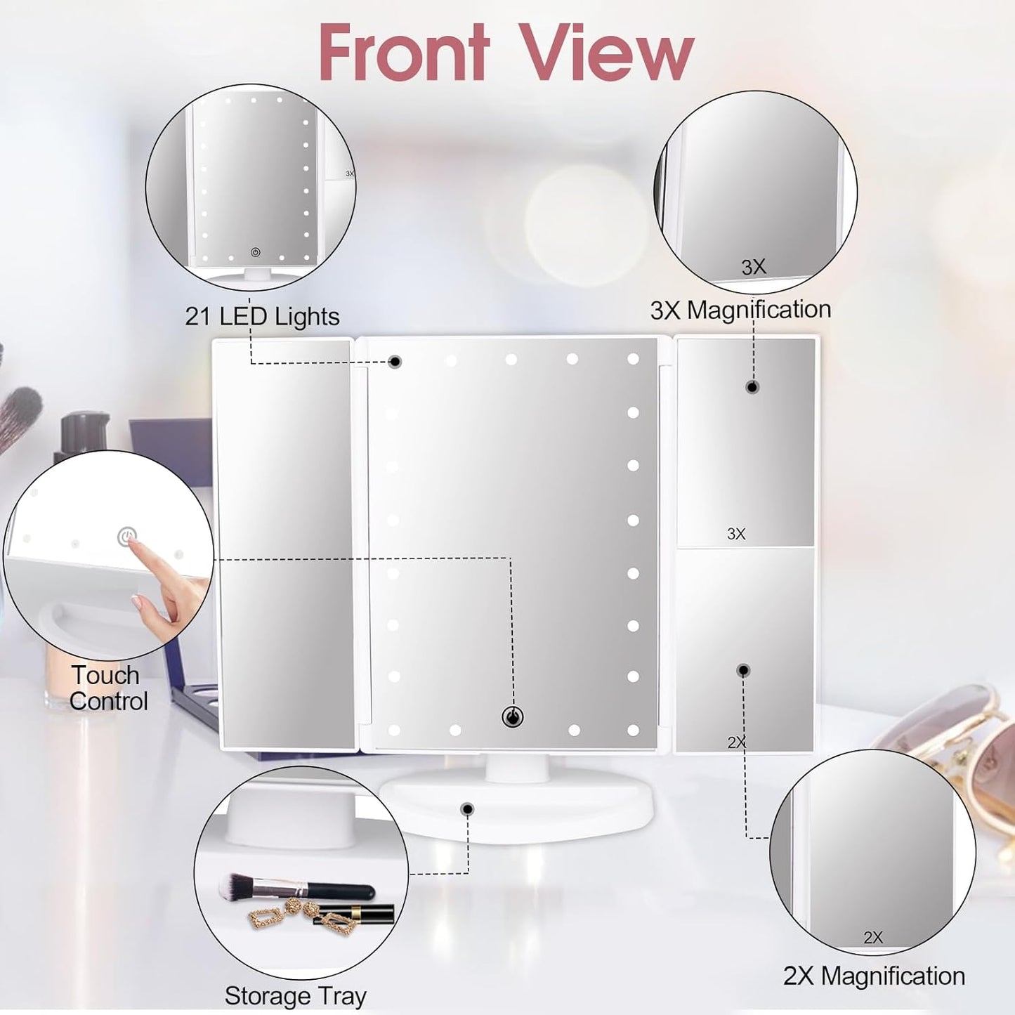 Vanity Makeup Mirror with Lights and Magnification, 3 Way Mirror, Trifold Portable Mirror, 1X 2X 3X Magnification, Two Power Supply, Espejo Con Luz Para Maquillaje (White)
