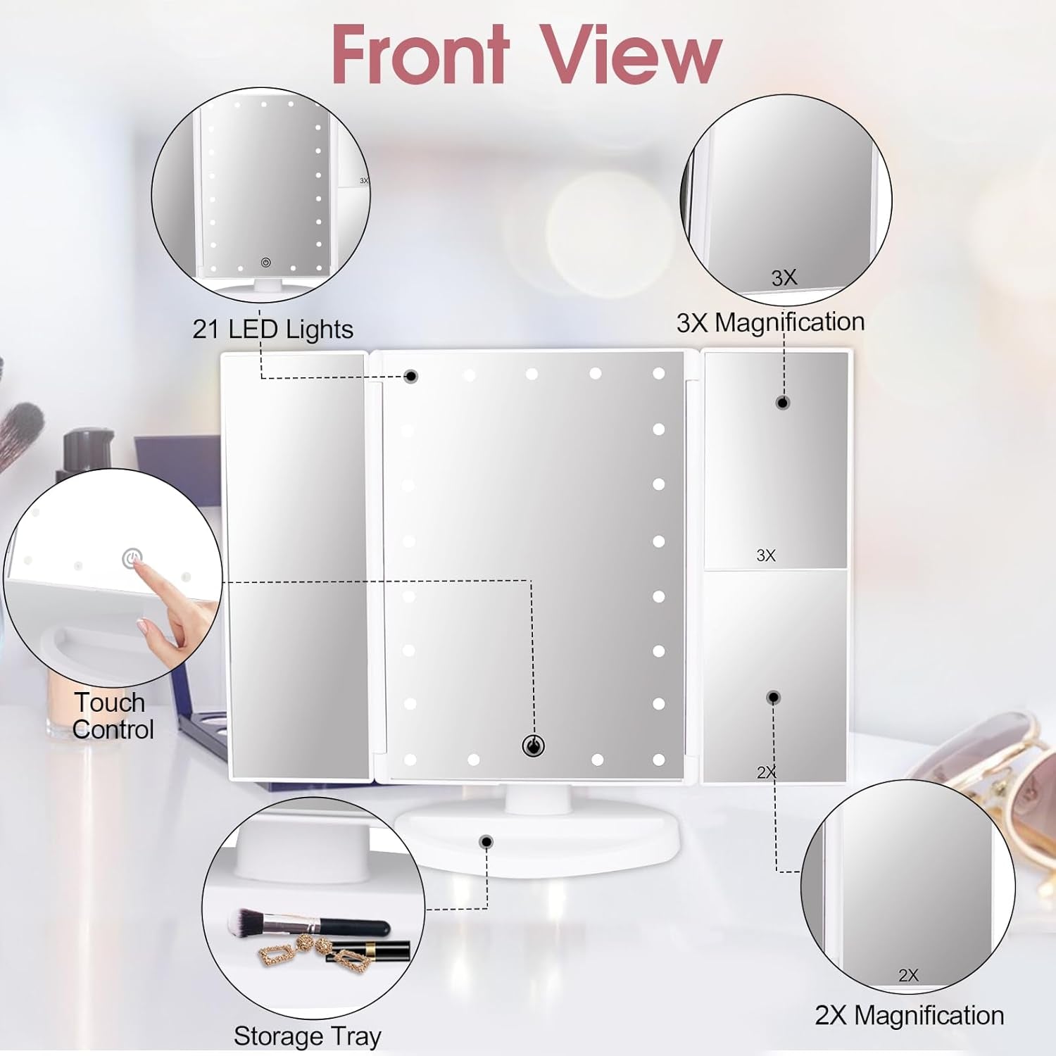 Vanity Makeup Mirror with Lights and Magnification, 3 Way Mirror, Trifold Portable Mirror, 1X 2X 3X Magnification, Two Power Supply, Espejo Con Luz Para Maquillaje (White)