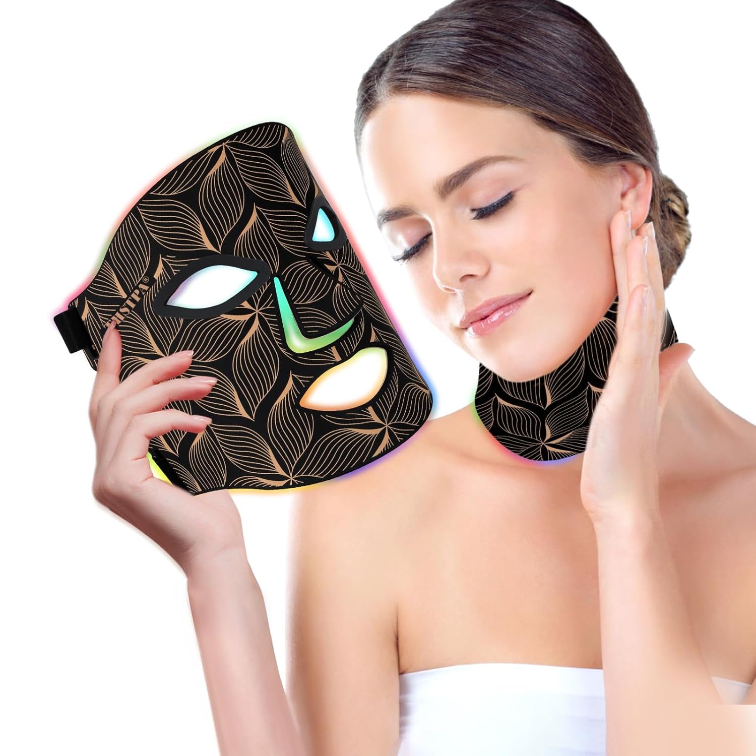 Led Face Mask Light Therapy,Red Light Therapy for Face and Neck,7 Colors LED Facial Skin Care Mask,5 Level Brightness Adjustment,309 LED Beads Can Be Used at Home,White Green