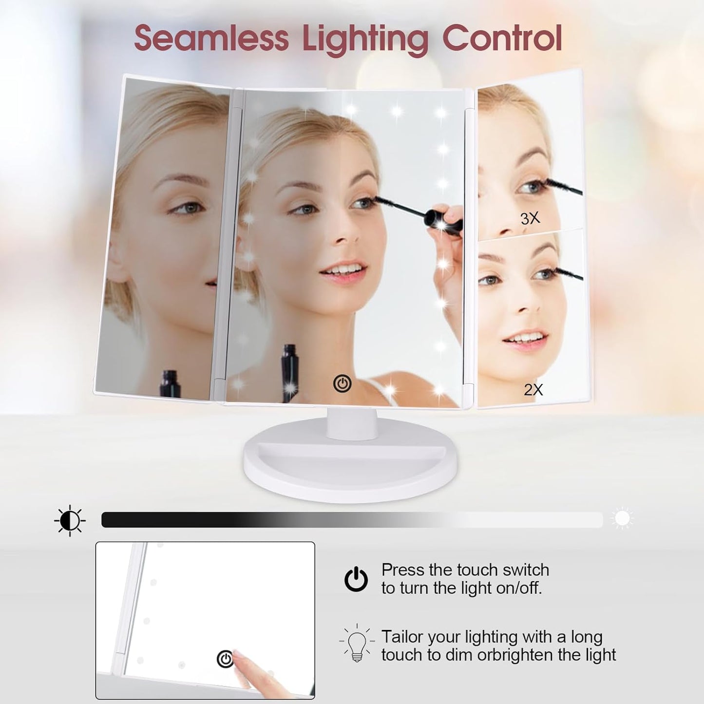 Vanity Makeup Mirror with Lights and Magnification, 3 Way Mirror, Trifold Portable Mirror, 1X 2X 3X Magnification, Two Power Supply, Espejo Con Luz Para Maquillaje (White)