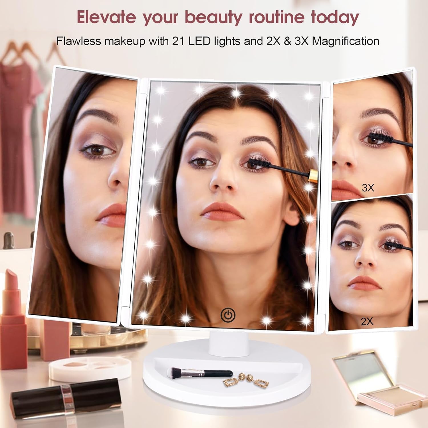 Vanity Makeup Mirror with Lights and Magnification, 3 Way Mirror, Trifold Portable Mirror, 1X 2X 3X Magnification, Two Power Supply, Espejo Con Luz Para Maquillaje (White)