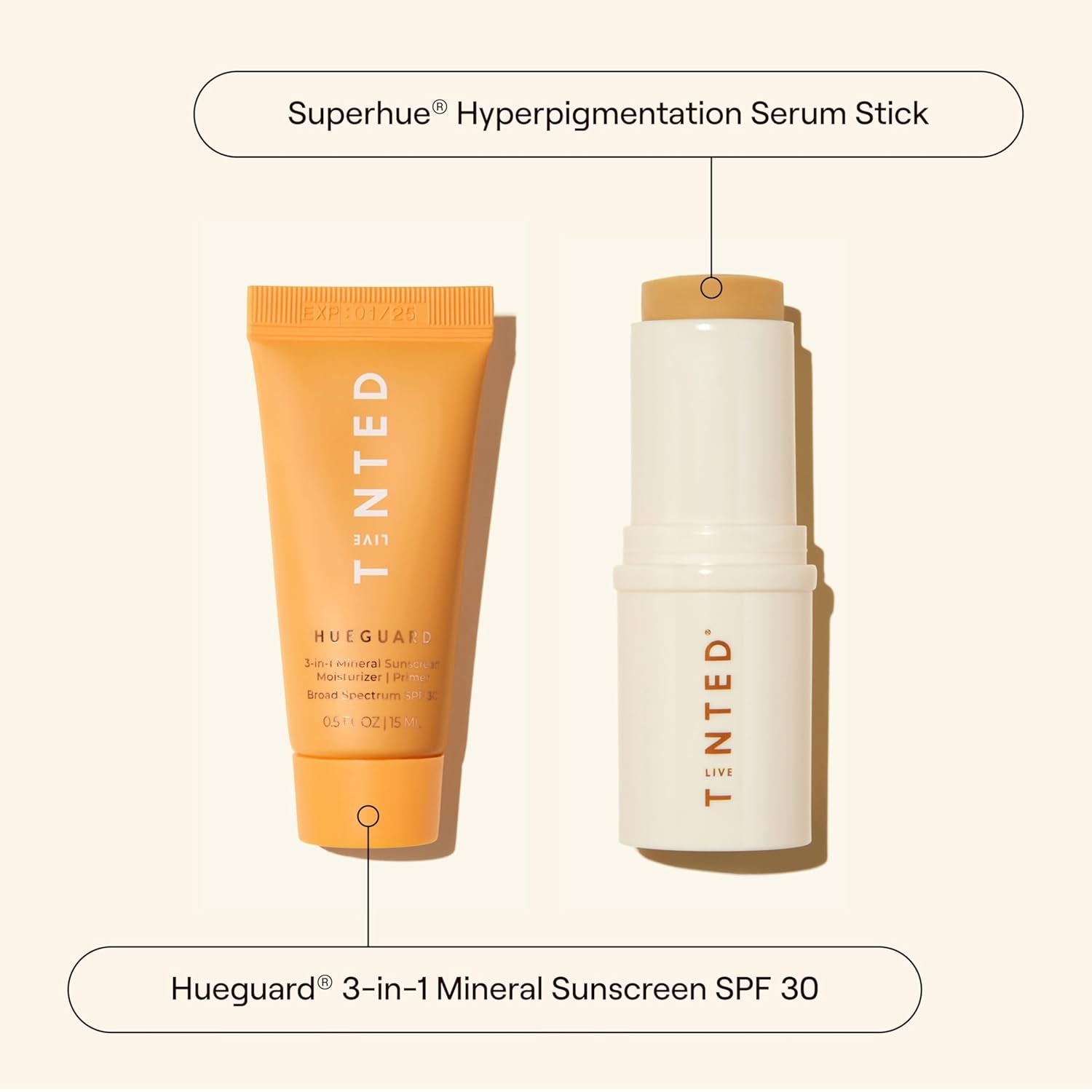 Superhue Hyperpigmentation Serum Stick - Balm-To-Serum Stick for Face & Body & Hueguard: 3-In-1 Mineral Sunscreen, Moisturizer, & Primer for Face and Body - Travel Sized - SPF 30