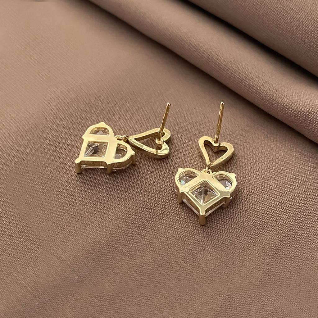 Gold Plated Cubic Zirconia Heart Drop Earrings