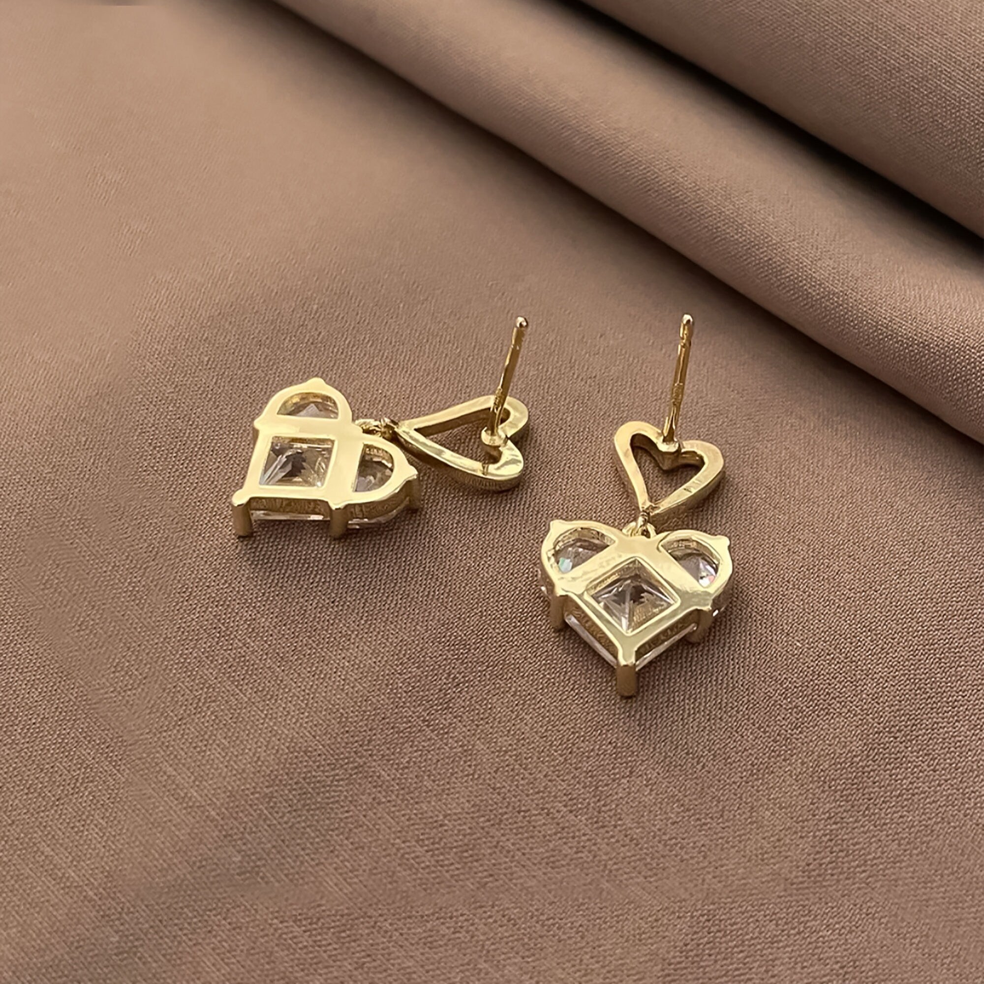 Gold Plated Cubic Zirconia Heart Drop Earrings