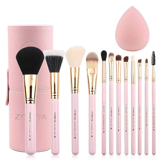 12-Piece Pink Makeup Brush Set with Travel Holder – Synthetic Brushes for Foundation, Powder, Contour, Blush & Eyeshadow | Bonus Makeup Sponge Included