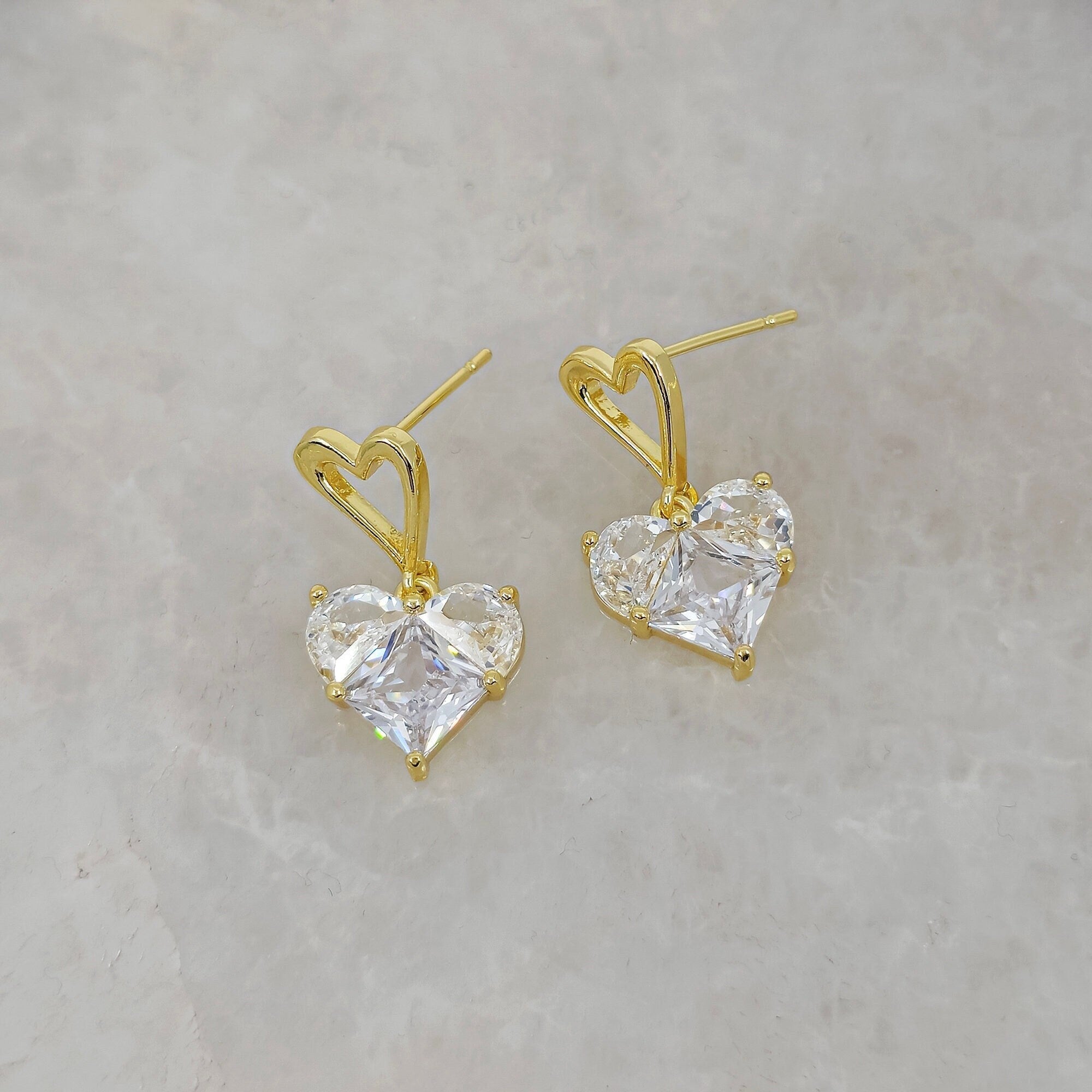 Gold Plated Cubic Zirconia Heart Drop Earrings